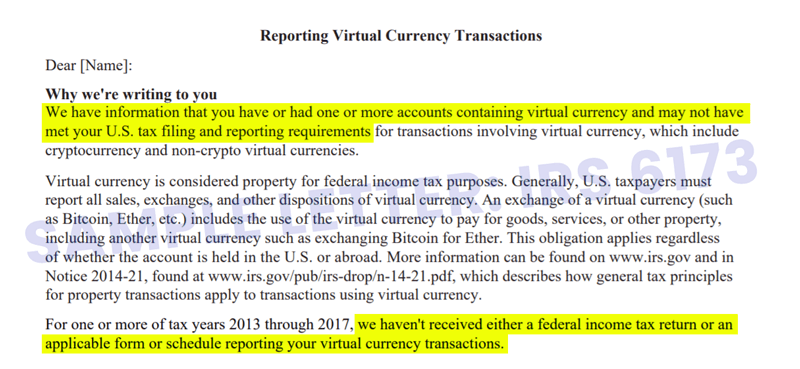 IRS 6173 - IRS Cryptocurrency Letter - Hard Warning