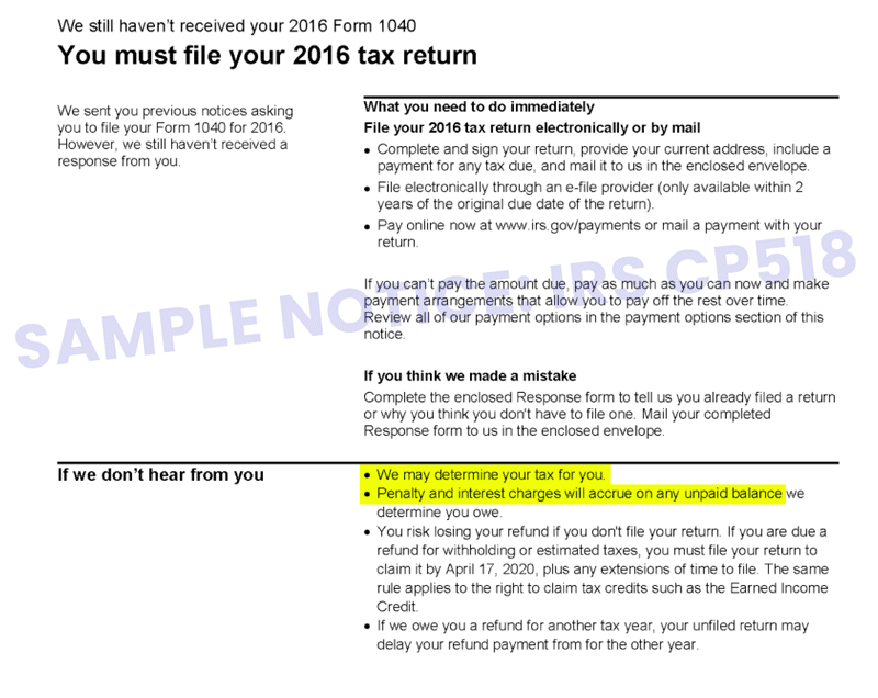 IRS CP518 - Notice of Unfiled Tax Return