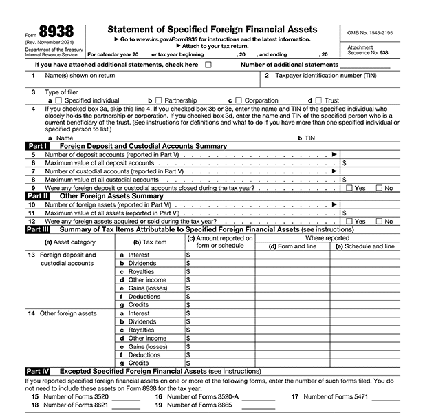 IRS Form 8938-Statement of Specified Foreign Assets